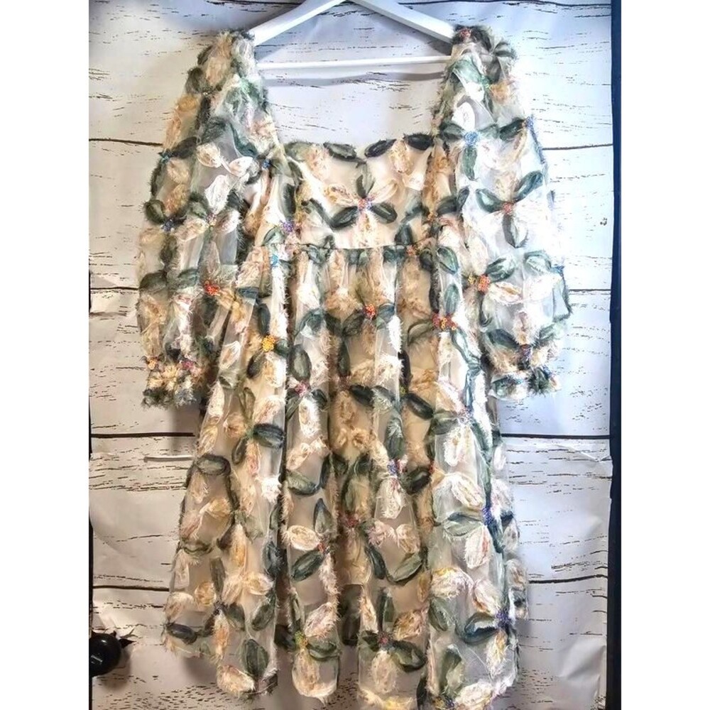 Storia 3D Floral Appliqué Fairycore Puff Sleeve Dress M